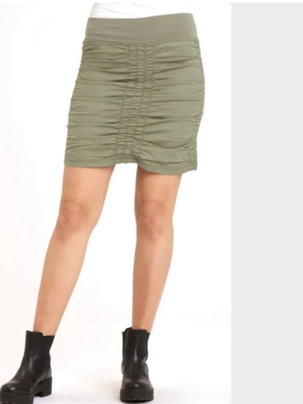 Wearables / Ruched Olive Mini Skirt with Stretch Waistband